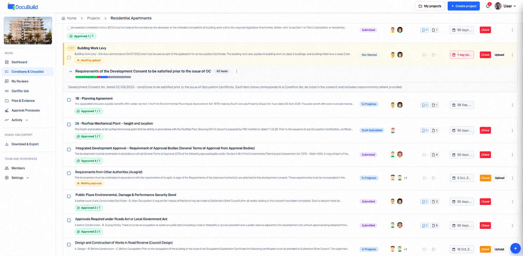 DocuBuild conditions and checklist register