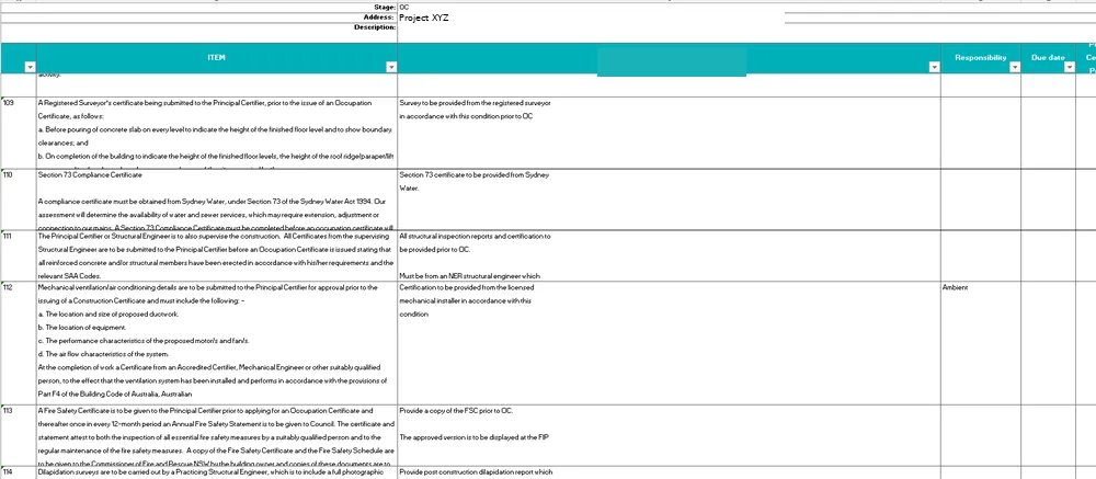 An Occupation Certificate checklist in Excel with empty responsibility and due date columns