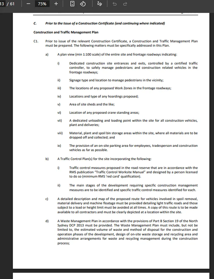 A development consent showing conditions to be satisfied prior to a Construction Certificate